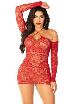Мінісукня із сітки з мереживними акцентами Leg Avenue Seamless Off The Shoulder Mini Dress One Size, Red SX1736 фото
