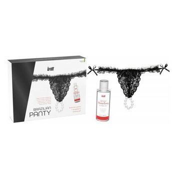 Набір Intt BRAZILIAN PANTY BLACK: трусики на резинці S-XL з перлинним кільцем + полунична змазка SO7129 фото