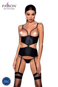 Корсет з відкритими грудьми Passion JANNIES CORSET L/XL black, стрінги в наборі SO8445 фото