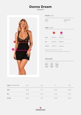 Сорочка бебі-дол з мереживом на грудях Obsessive Donna Dream babydoll M/L Black, стрінги SO8631 фото