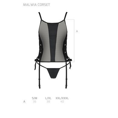 Сетчатый корсет с люверсами и съемными пажами Passion MALWIA CORSET L/XL, black, эко-кожа, стринги SO5765 фото