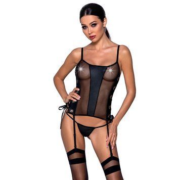 Сетчатый корсет с люверсами и съемными пажами Passion MALWIA CORSET S/M, black, эко-кожа, стринги SO5766 фото