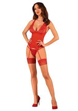 Прозрачный корсет Obsessive Lacelove corset XS/S Red, кружево, подвязки для чулок SO8649 фото