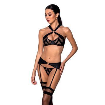 Сетчатый набор с узором, бюстгальтер, трусики, пояс для чулок Passion HIMA SET L/XL black SO5352 фото