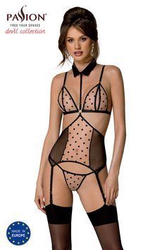Корсет з відкритими грудьми Passion DOMINICA CORSET S/M beige, пажі для панчіх, стрінги SO8431 фото
