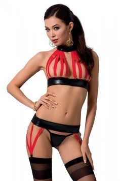 Комплект женского белья из ремешков Passion AZIZA S/M, red, бюстгальтер, пояс, стринги SO7639 фото