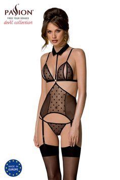 Корсет з відкритими грудьми Passion DOMINICA CORSET XXL/XXXL black, пажі для панчіх, стрінги SO8435 фото